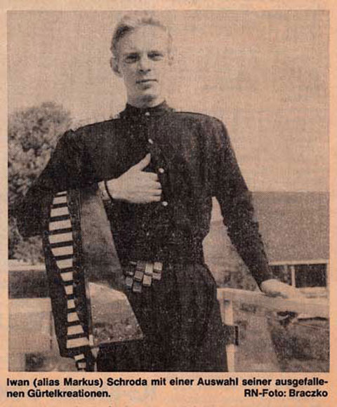Iwan (alias Markus) Schroda with a selection of his unusual belt creations. RN photo: Braczko